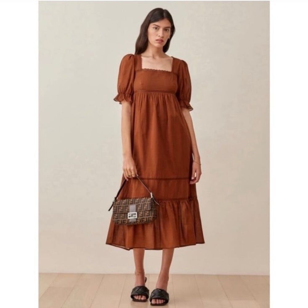 Reformation Bekkah Crocheted Lace Trim Organic Cotton Midi Dress in Cinnamon XS